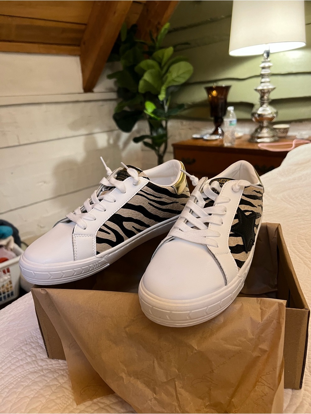 White Low-Top Sneakers with Black Zebra Print and Gold Heel